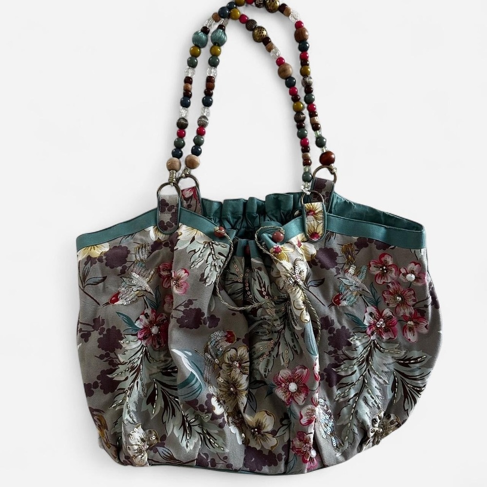 Boho Floral Beaded Handle Tote Bag Canvas Sequin Handbag Teal